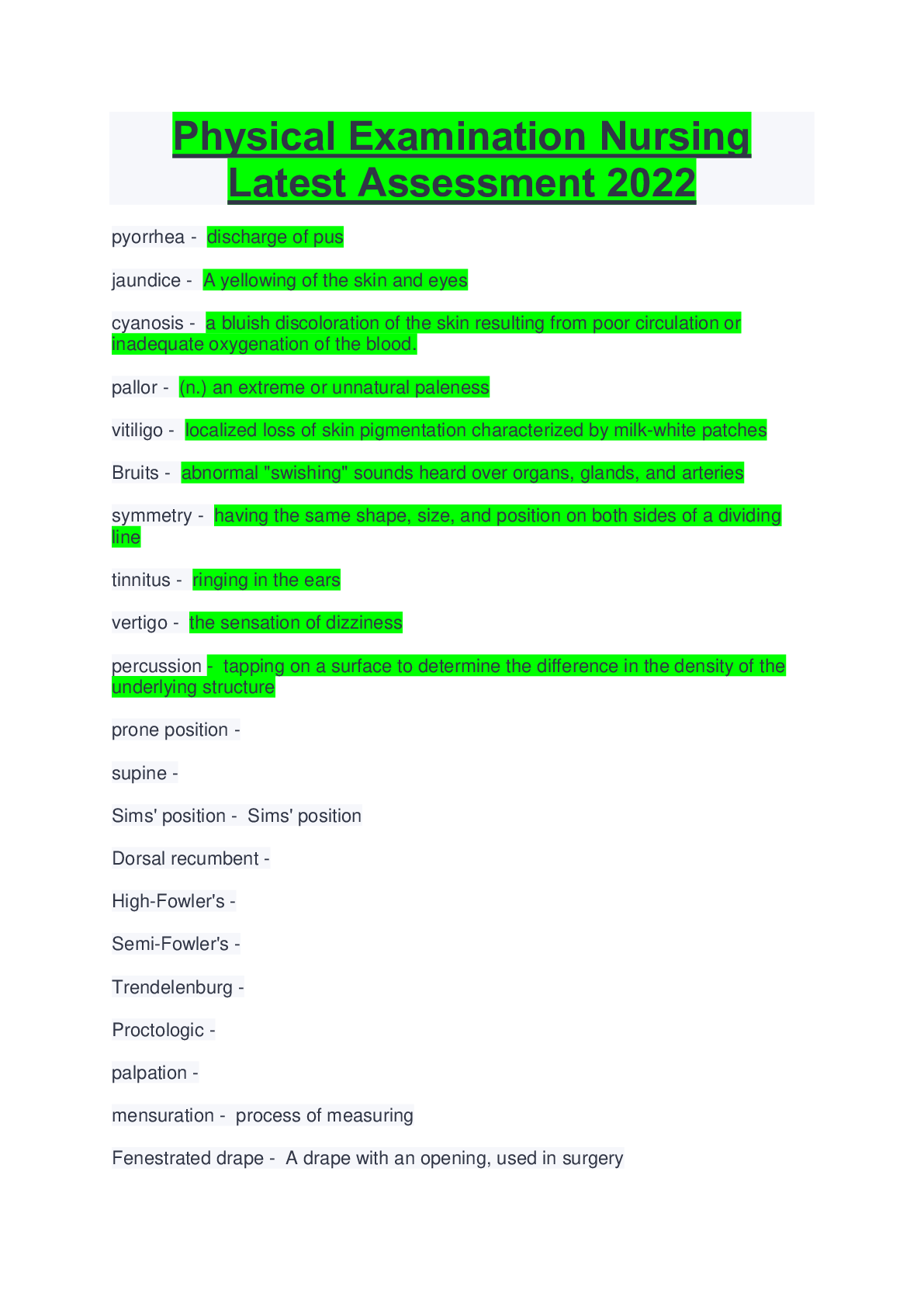 Physical Examination Nursing Latest Assessment 2022 Browsegrades